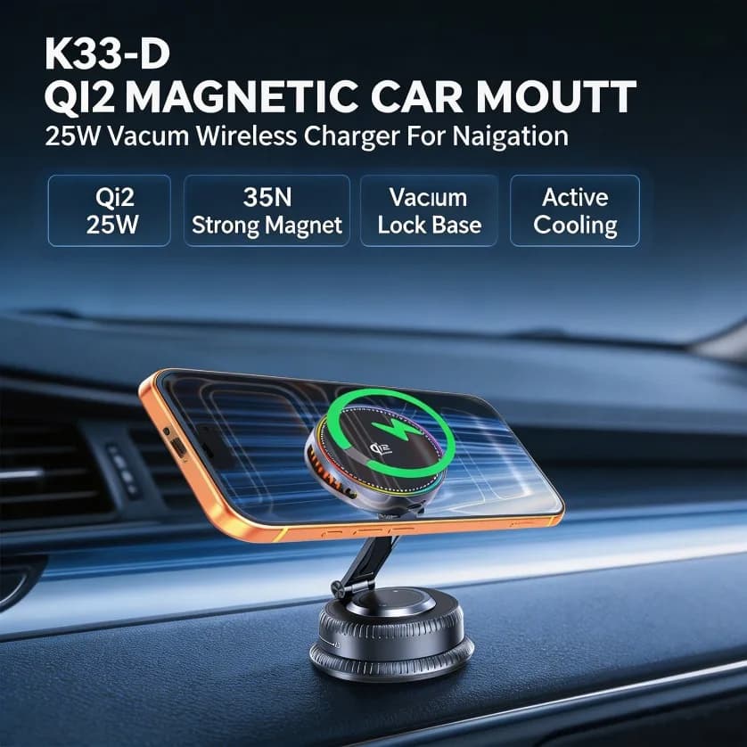 Foldable 25W Qi2 Magnetic Car Charger Vacuum Suction Mount 780 Degree Rotation Active Cooling Fan N52 Magnet for Phone Car