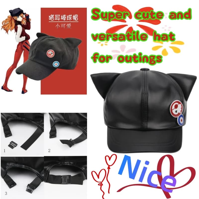 Nuovo Cappello Cosplay Evangelion EVA Asuka con Orecchie da Gatto, Super Carino in PU, Versatile e Fresco, Regalo per Donne