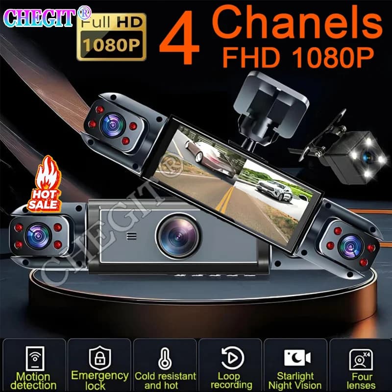 Videoregistratore per auto DVR 1080P 360 ° Dash Cam per auto Obiettivo 3/4 Telecamera per retrovisione anteriore destra Visione notturna Telecamera per parcheggio 24 ore