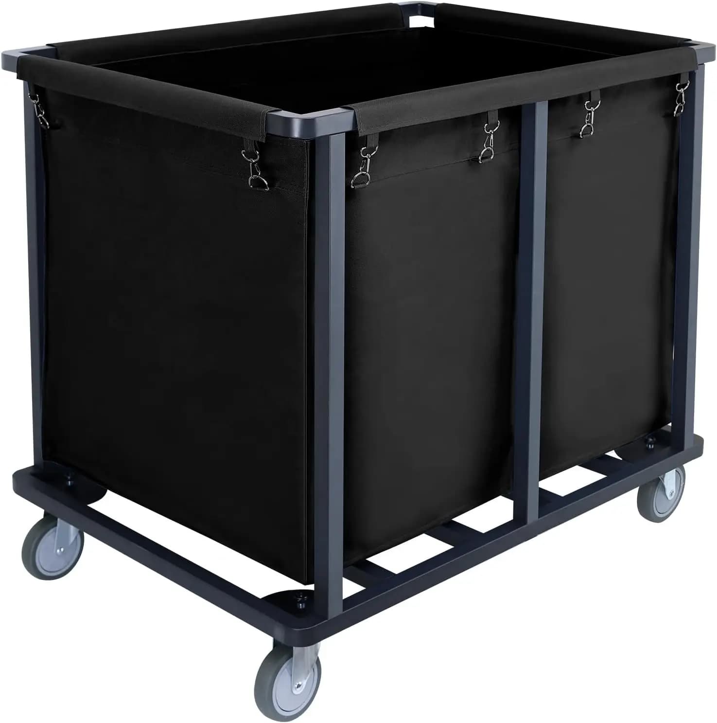 Commercial Laundry Cart With Wheels Heavy Duty Industrial Laundry Basket Steel Frame Removable Oxford Cloth Bag Storage Bin Organizer Cart For Home Hotel Housekeeping Black