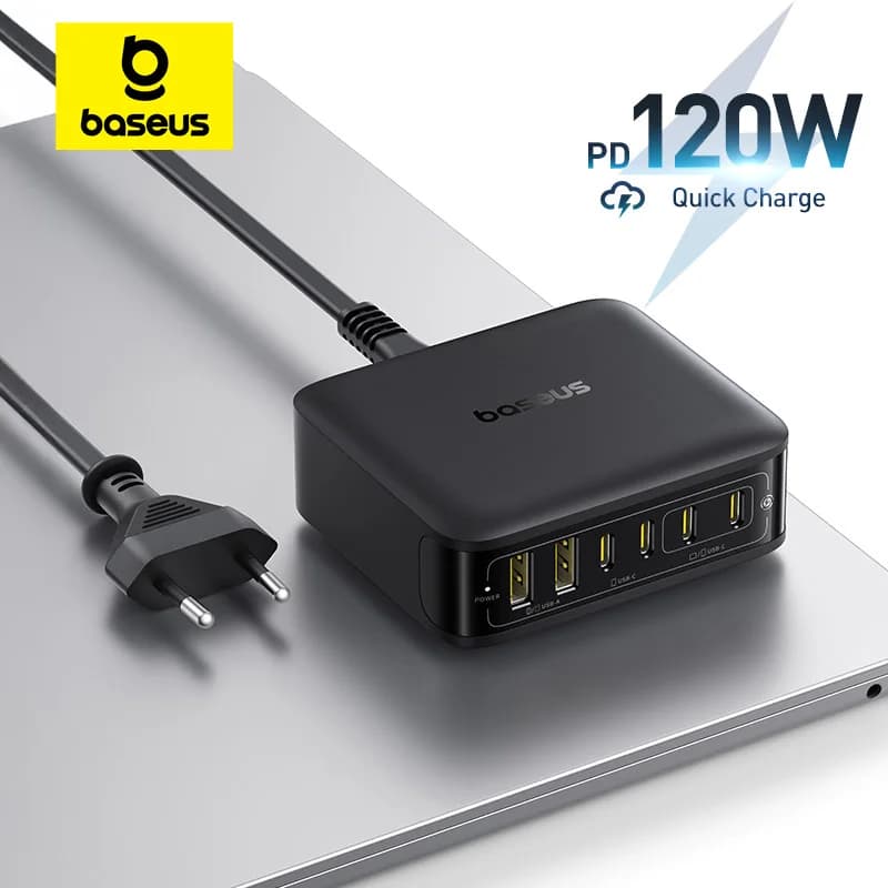 Baseus 120W Caricatore da tavolo Caricatore rapido per laptop Caricatore 6 in 1 per iPhone 17 16 15 14 Pro Max Samsung iPad Caricatore rapido GaN