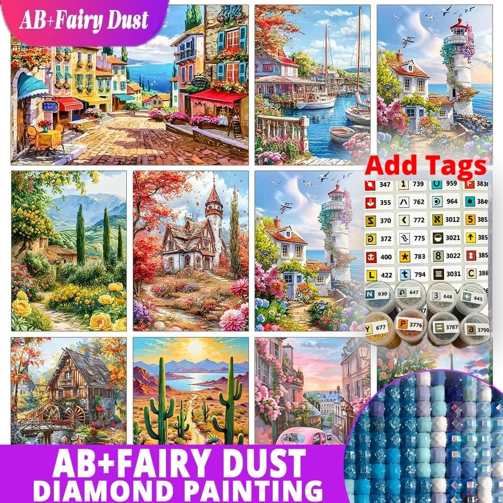 AB Fairy Dust DMC stickers 5D DIY Diamond Embroidery House Picture Rhinestones Mosaic Art Landscape New 2025 Diamond Painting Wa