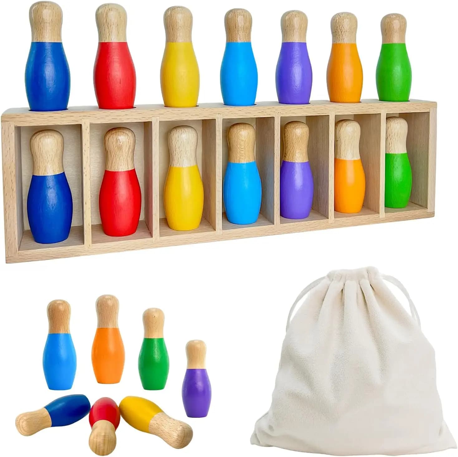 Gioco di Bowling in Legno con Abbinamento Colori, 7 Birilli e Borsa Portaoggetti, Divertente Gioco da Tavolo per Famiglie, Feste e Regali