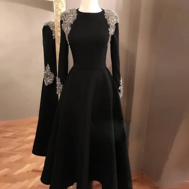 Elegante abito da sera nero formale maniche lunghe applicazioni dorate perline di cristallo lunghezza caviglia una linea abito da ballo per donna personalizzato
