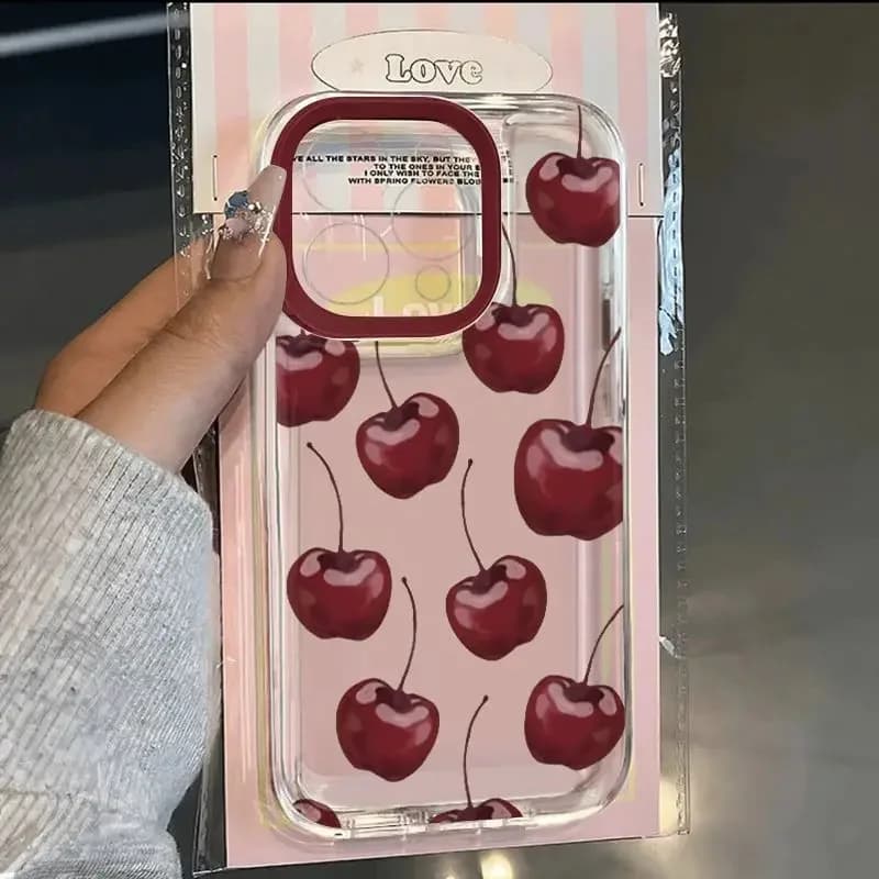 Burgundy Cherry Cartoon Phone Case for iPhone 16 16e 15 14 13 12 11 Pro Max Mini XS XR X 7 8 Plus SE 2022 Transparent Bow Cover