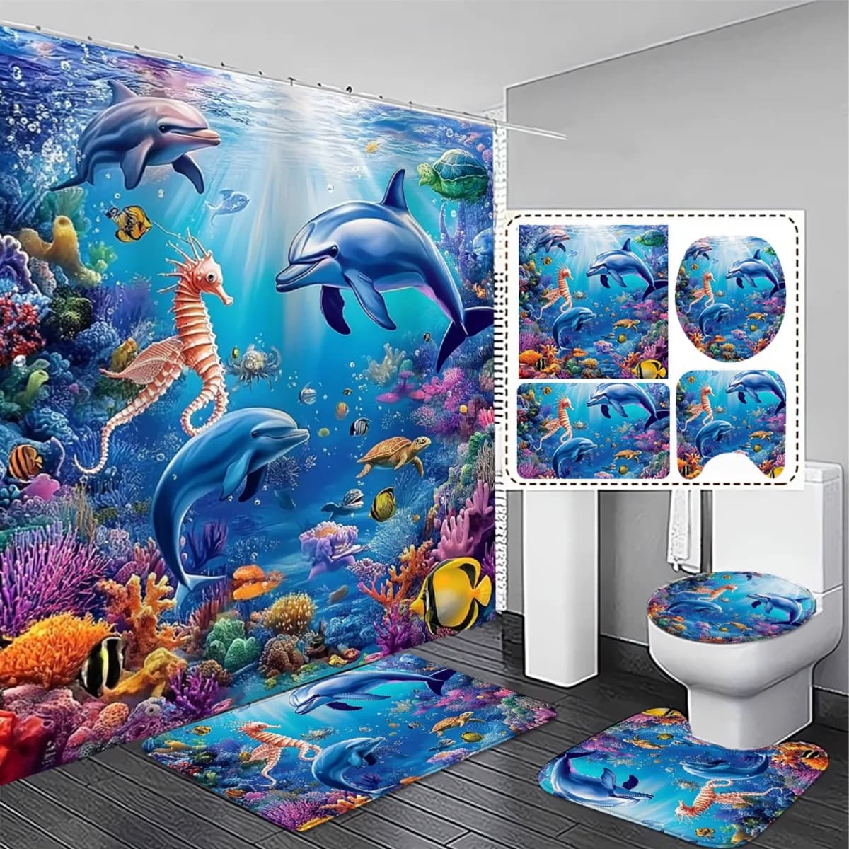 O1Pc cean Themed Shower Curtain Set 1 3 4pcs 2D Flat Non Slip Bath Mat Underwater Dolphins Coral Reef Home Decor Gift 180x180 cm