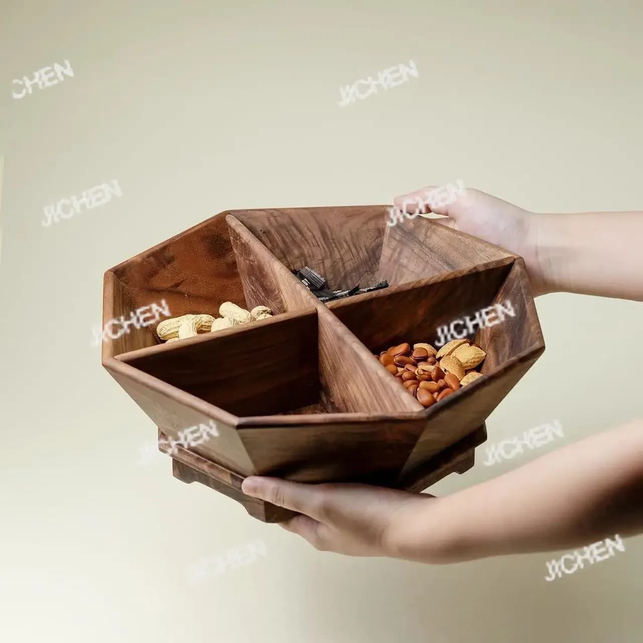 Piatto girevole multi-scomparto per frutta secca e snack JC Walnut, creativo, per soggiorno, uso domestico.