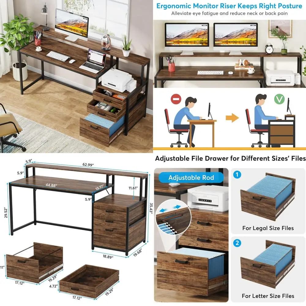 Desk Ergonomics Industrial Wood 63 with Monitor, Printer and Storage Cabinet