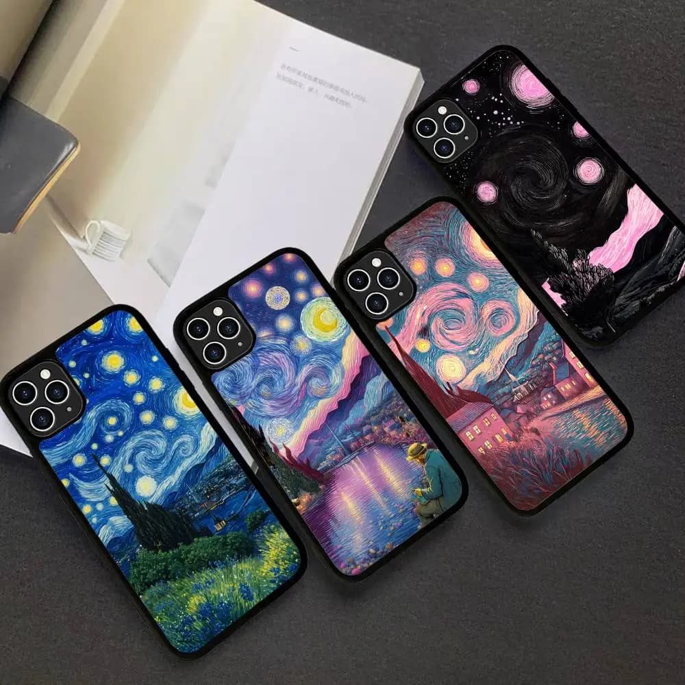 Cover per iPhone 11 12 13 14 15 16 17 Plus Pro Max con stampa Notte Stellata di Van Gogh in PC+TPU