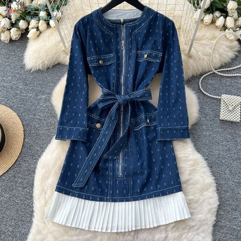 Dress in Denim Elegant Spring 2026 with Printing Rombi and Belt, High Quality, Long Sleeves, Casual, Fitted, Blue, Midi, Jeans Dress