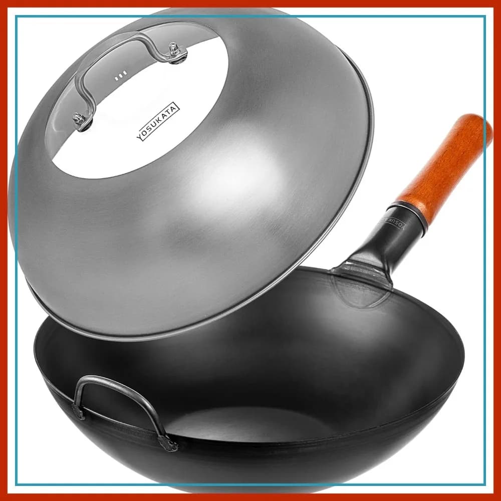 Padella Wok in Acciaio al Carbonio da 13,5 Pollici con Coperchio – Padella Premium per Saltare in Padella, Coperchio in Vetro Temperato, Manico Ergonomico