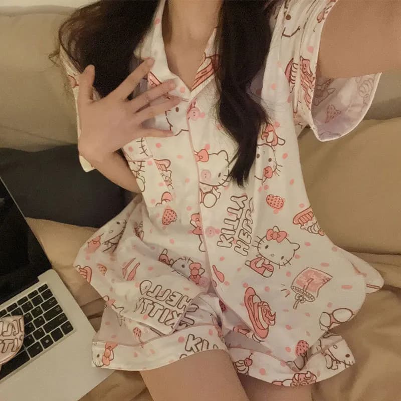 Pigiama Sanrio in puro cotone, primaverile ed estivo, nuova edizione coreana, a maniche corte, con stampa a cartoni animati, carino e dolce, abbigliamento da casa.