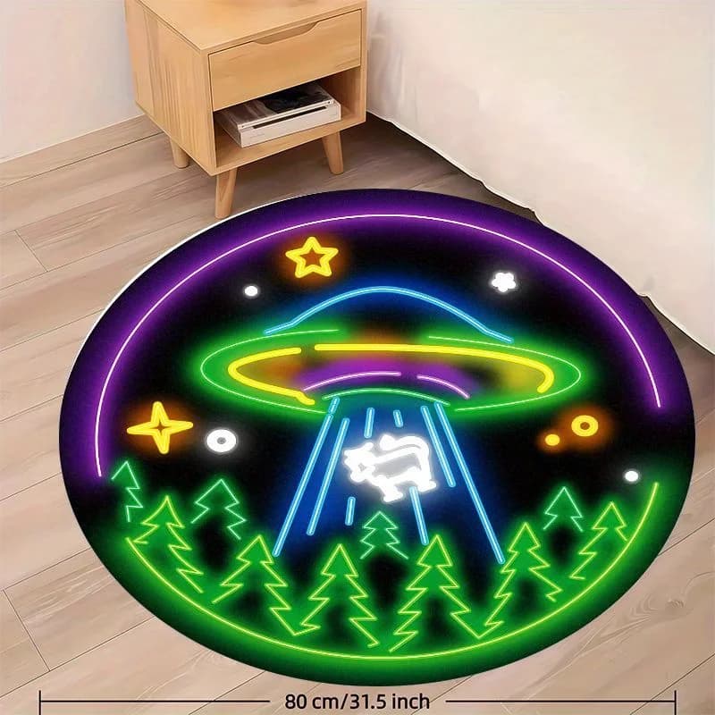 Tappeto Rotondo Neon UFO Alien Abduction, Tappetino in Flanella Fantascienza per Cameretta Bambini e Sala Giochi, Arte da Pavimento Futuristica che si Illumina al Buio