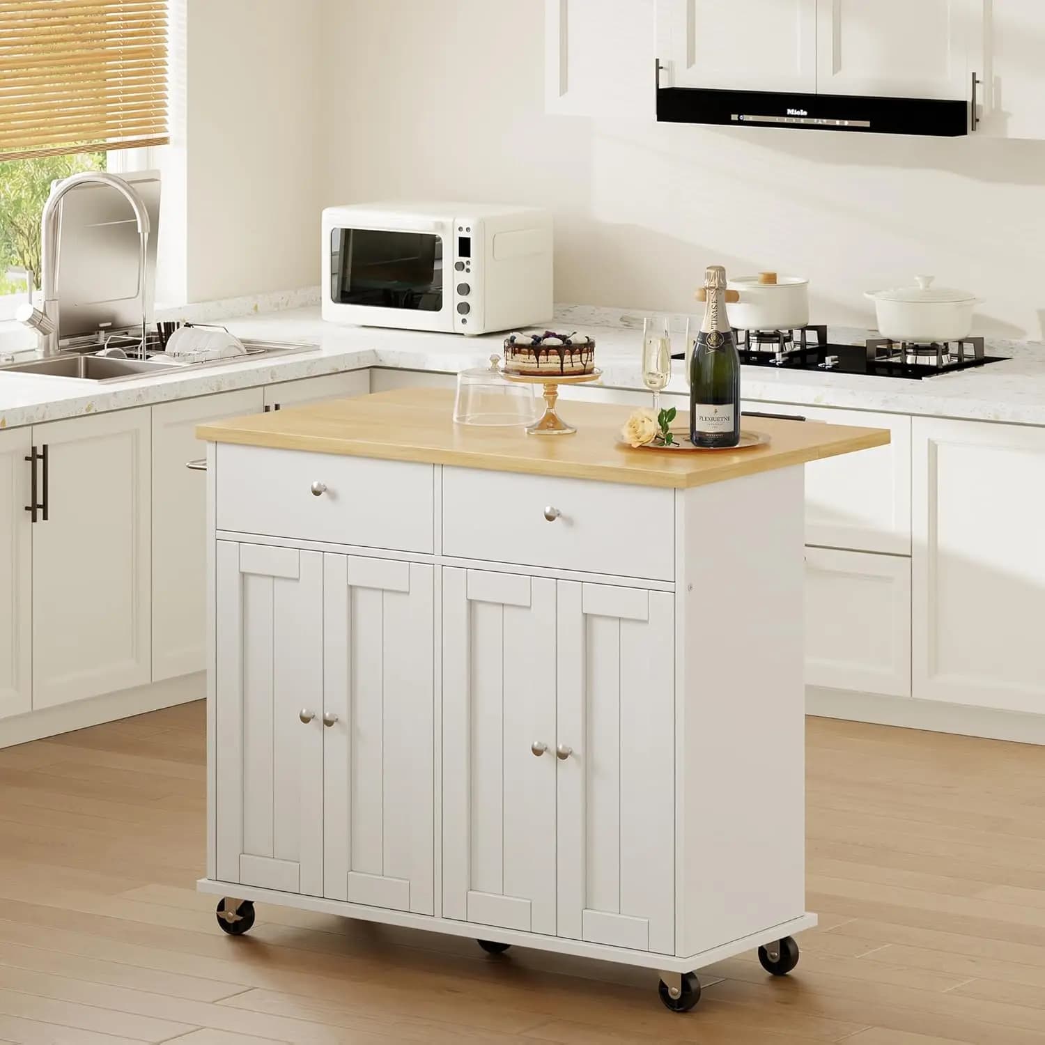 Isola da Cucina con Piano Ribaltabile, Carrello da Cucina con Ruote e Vano Portaoggetti, Carrello Bar per Cucina con Portasciugamani e Seduta