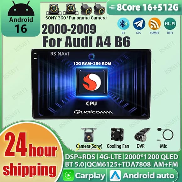 Autoradio Android 16 Multimedia Video Player per Audi A4 B6 2000-2009 16G-512G con Schermo 2K, GPS, Carplay, DSP Qualcomm