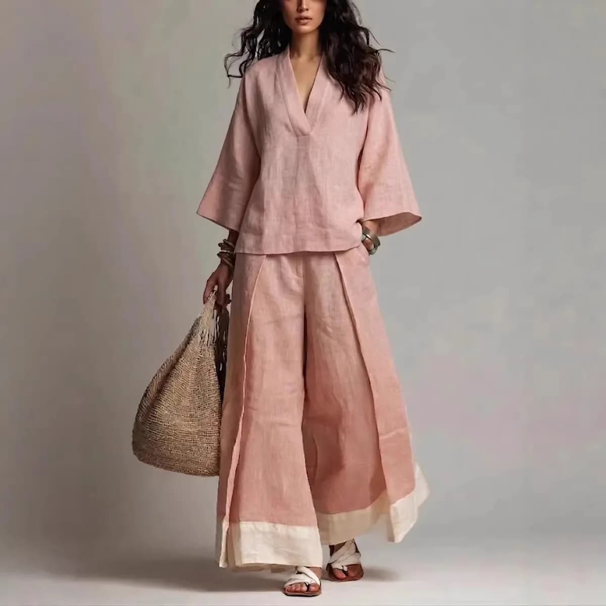 Completo Estivo da Donna: Top con Scollo a V e Maniche a Tre Quarti, Pantaloni a Gamba Larga a Contrasto, Set Versatile Due Pezzi
