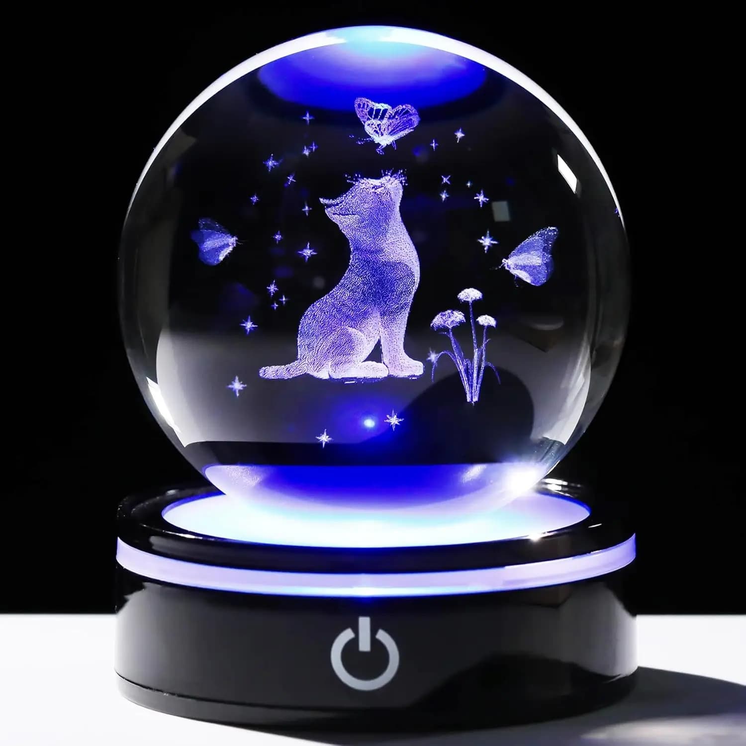 3D Crystal Ball with Cat and Butterfly, Colorful LED Base, Laser Engraved Gift for Cat Lovers, Home Decoration Snow Globe