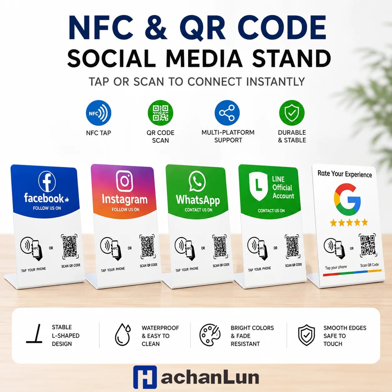 NFC QR Code Social Media Stand Multi Platform PVC Display Sign for Instagram WhatsApp Facebook LINE Google Review Card