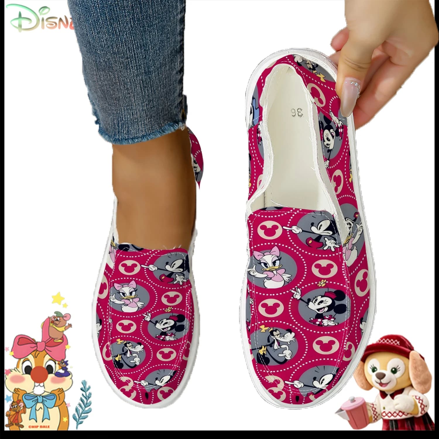Simpatiche scarpe di tela da donna con stampa Minnie & Friends, comode sneakers slip-on per tutte le stagioni