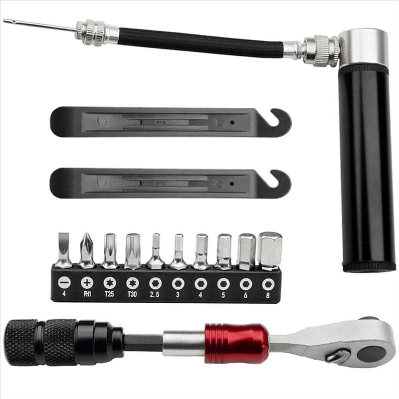 ABVE-Kit di strumenti per la riparazione di biciclette Set multifunzione per bici con mini pompa, design reversibile a cricchetto per il campeggio e i viaggi