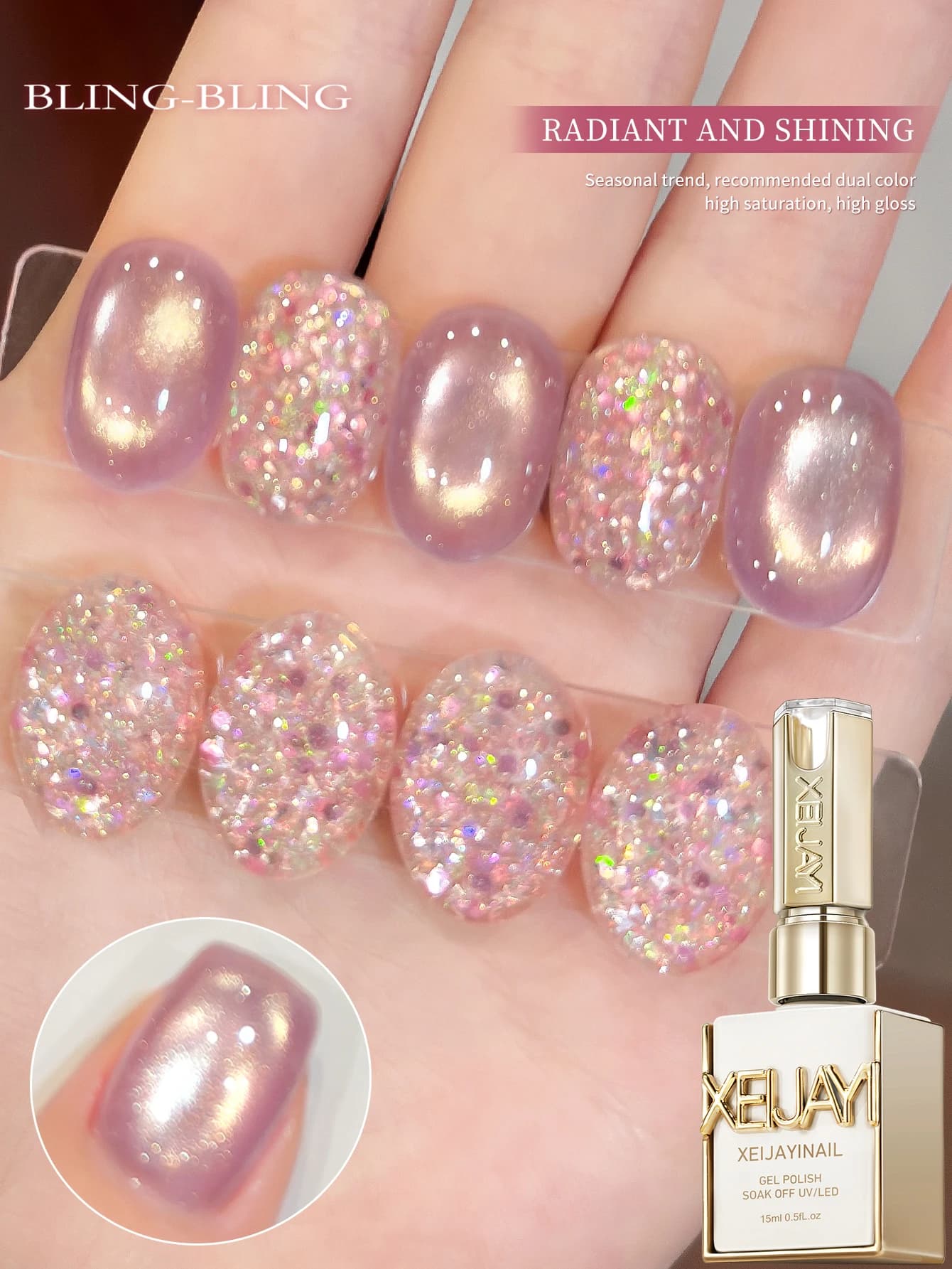 XEIJAYI Set di 2 Smalti Gel per Unghie da 15ML, Effetto Occhio di Gatto Rosa e Glitter Caramella, Semipermanente, per Nail Art, UV LED, per Salone e Fai da Te