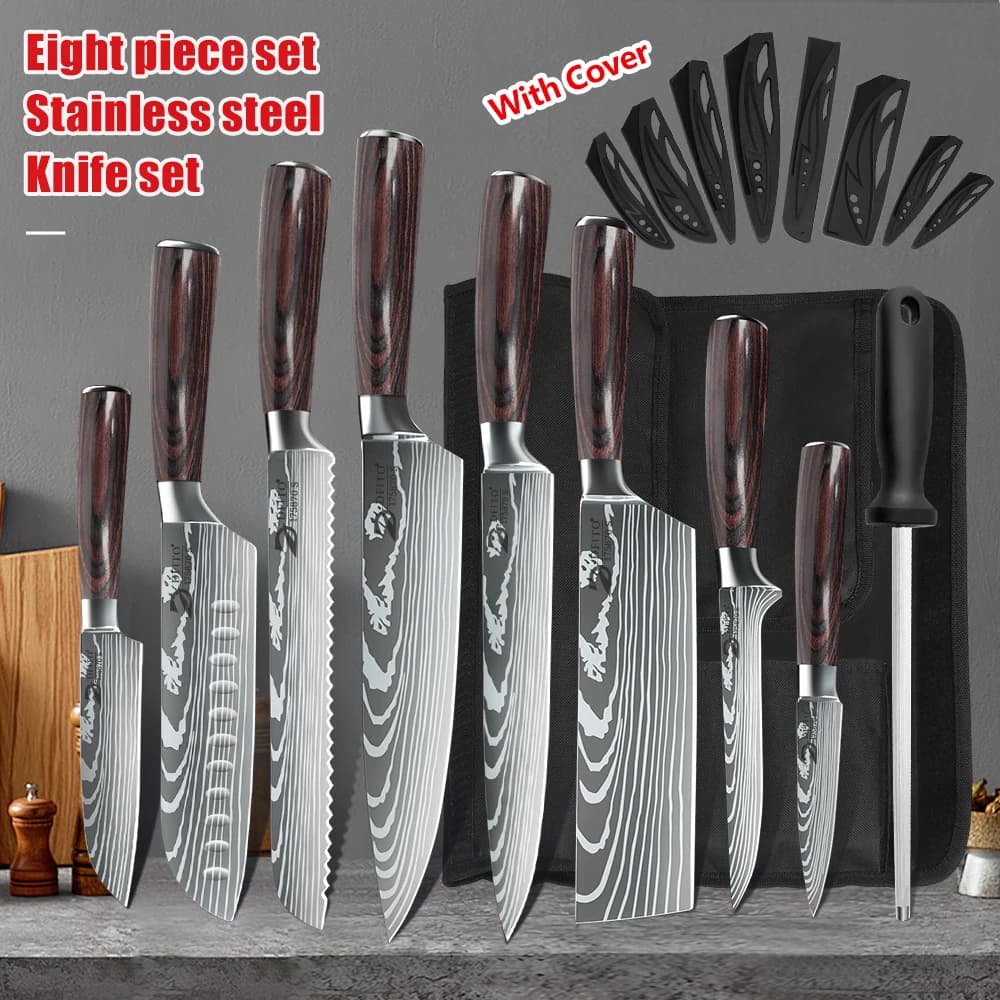 KEPEAK Kitchen Knife Set 7Cr17Mov Stainless Steel Chef Knife Ultra Sharp Santoku Mannaia Multipurpose Knife Kitchen Knife Nylon Bag