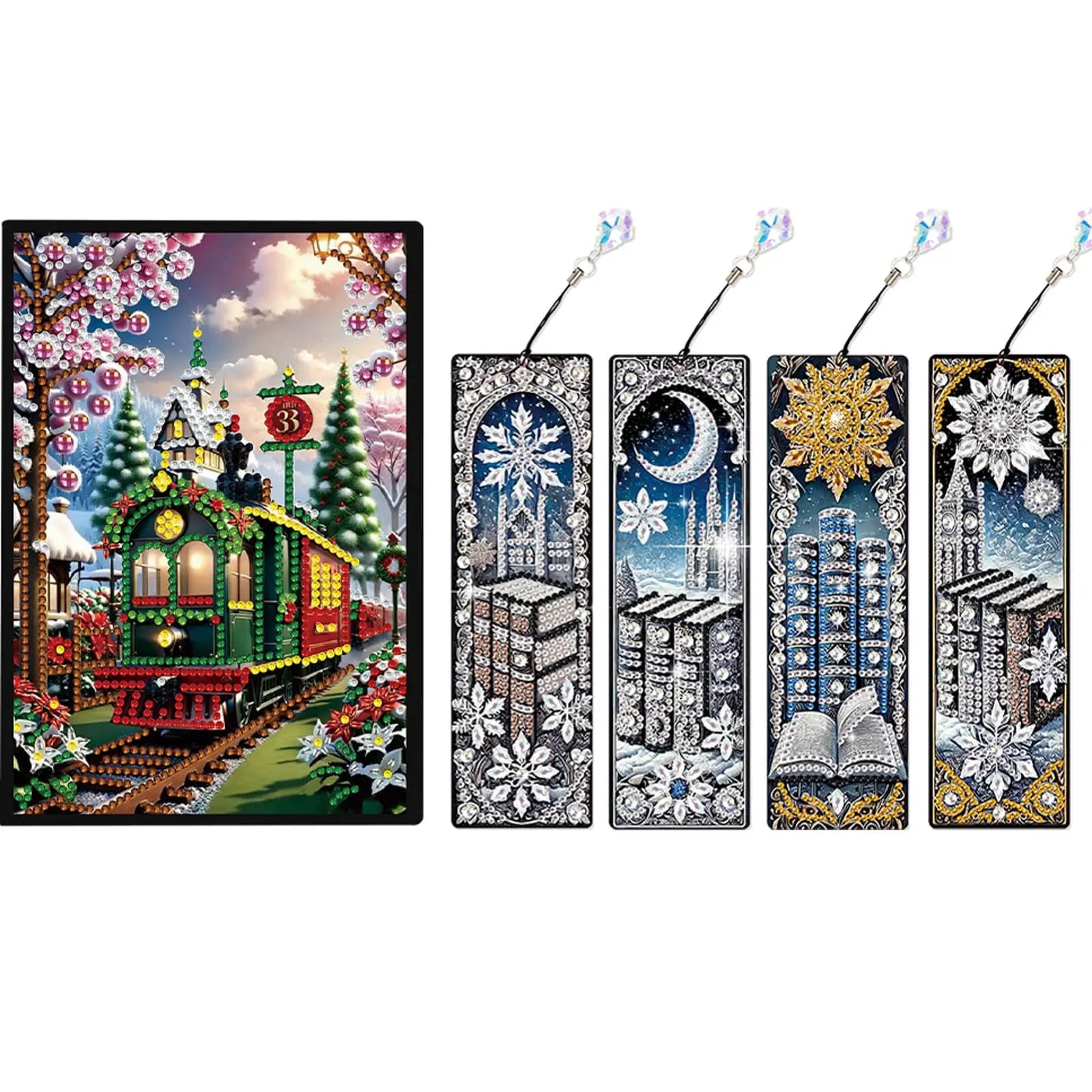 Set di Quaderni con Pittura Diamantata Formato A5 a Tema Treno Natalizio con 4 Segnalibri in Regalo