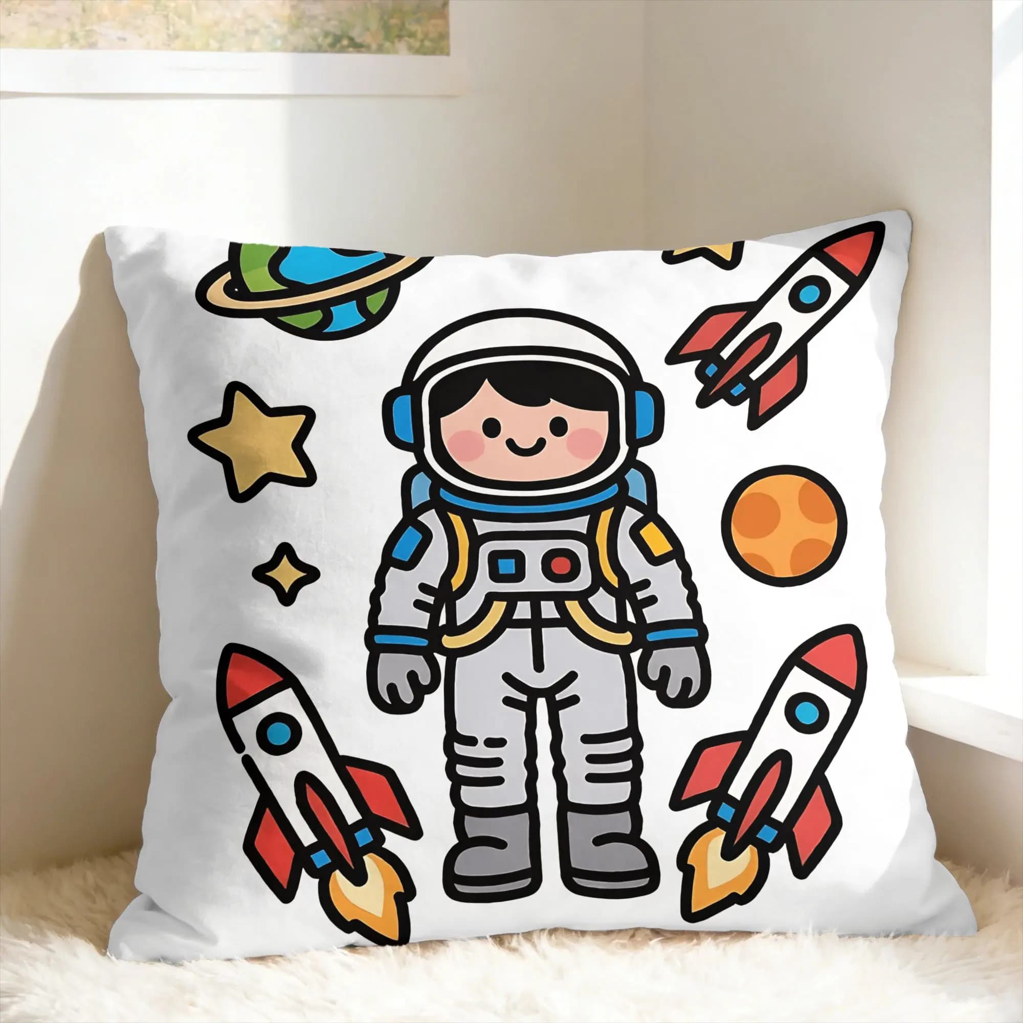 Federa per cuscino con astronauta, razzo e pianeti, federa alla moda, morbida, per divano, letto, soggiorno