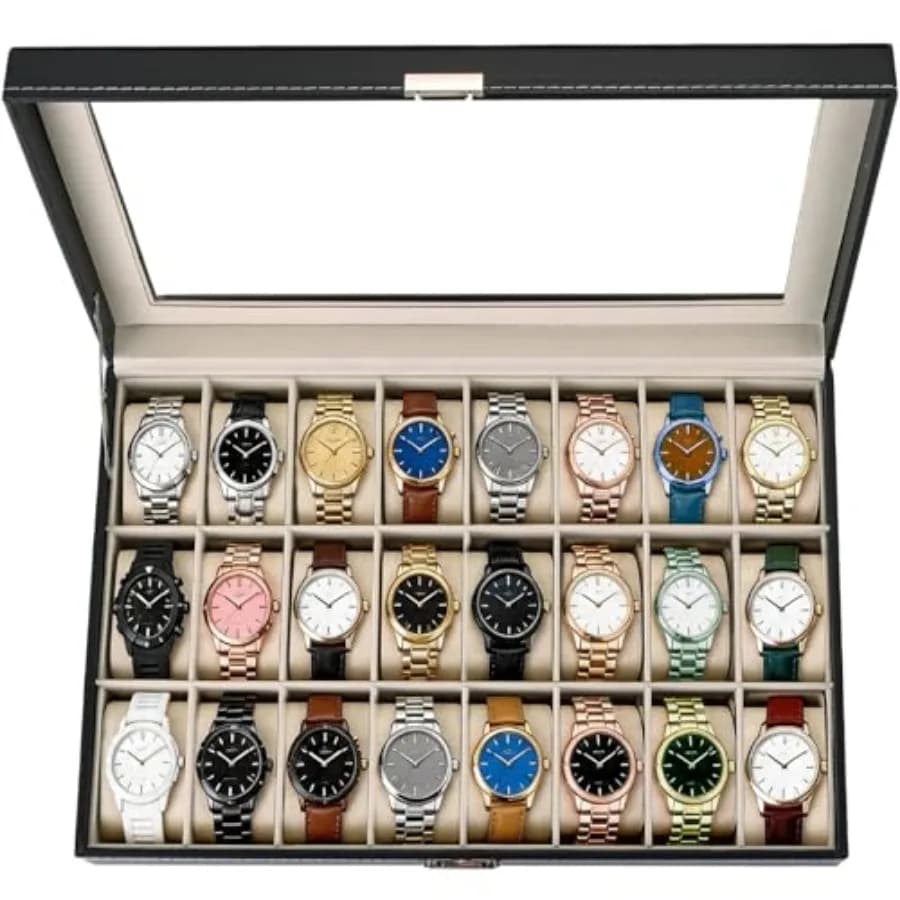 Scatola Porta Orologi a 24 Scomparti con Coperchio in Vetro, Espositore in Pelle PU con Cuscini Rimovibili, Custodia per Orologi con Chiusura a Chiave