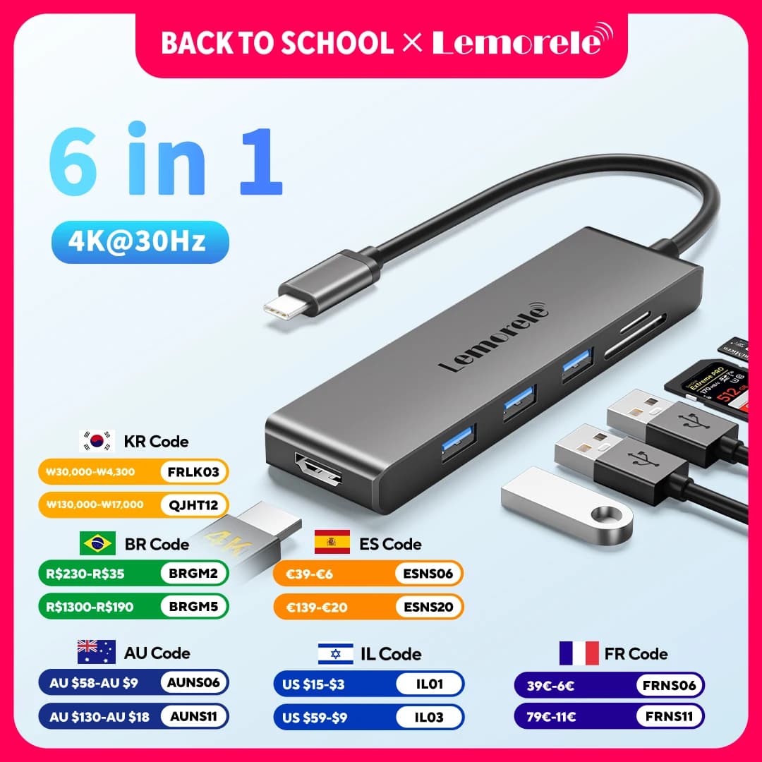 Lemorele 6-in-1 USB C Hub Tipo C a HDMI 4K 30Hz, USB A 3.0 5Gbps Docking Station TF SD 480 Mb/s per PC Laptop Tablet Computer