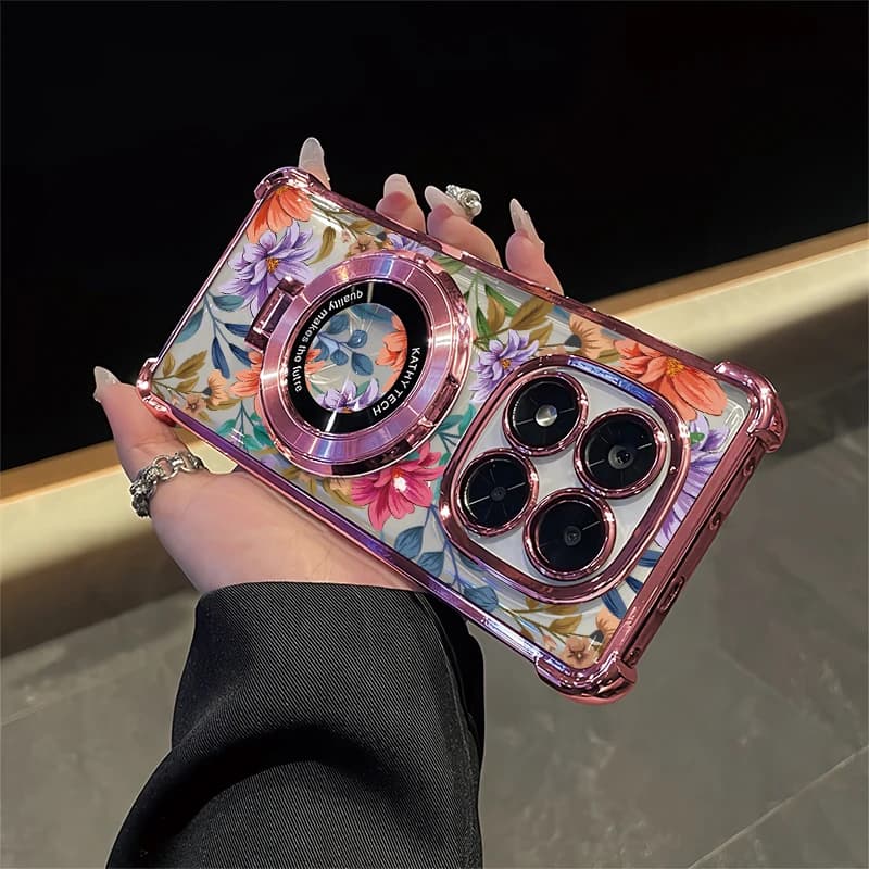 Shockproof Clear Phone Case For Vivo Y400 Pro Y77 Y78 Plus Y73S Y77T Y300 Y200i Luxury Flower Pattern Plating Stand Holder Cover