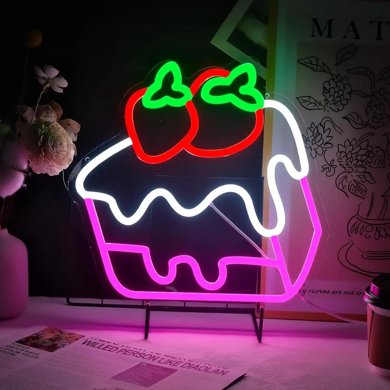 Insegna al Neon a Forma di Torta alla Fragola, Luce LED per Negozi, Casa, Cucina, Ristorante, Caffetteria, Club, Bar, Decorazione, Insegna LED per Attività Commerciali