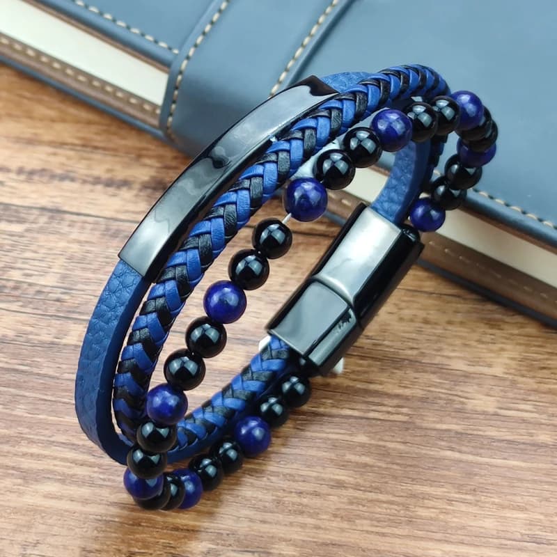 2021 Bracciale in pietra blu Bracciale intrecciato in vera pelle blu Chiusura magnetica in acciaio inossidabile Braccialetti con perline occhio di tigre Gioielli da uomo