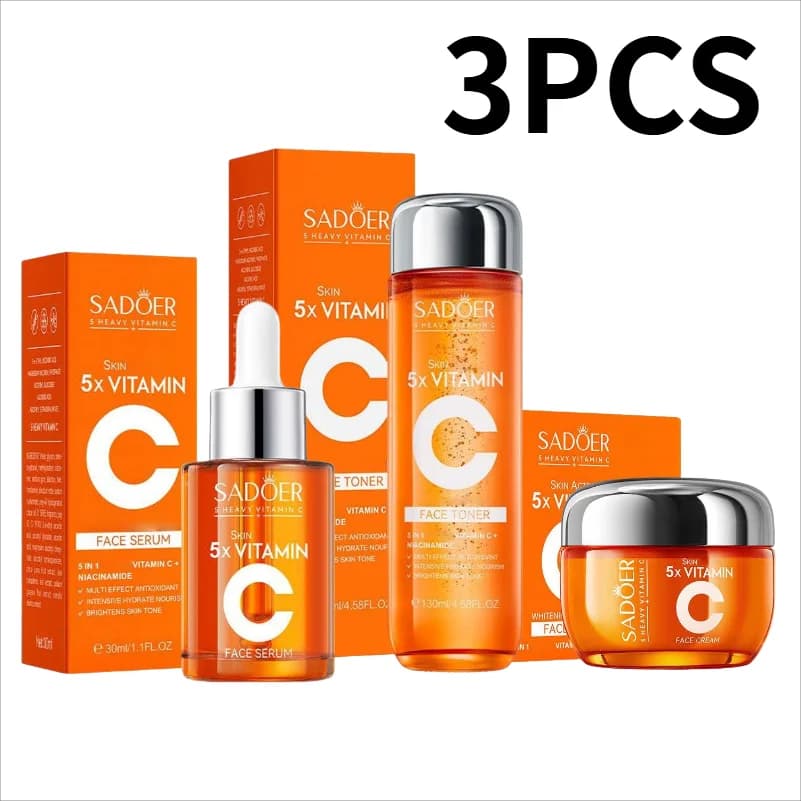 Set Skincare 5x Vitamina C, Siero Crema Tonico Idratante Illuminante Rassodante Antirughe Riparatore, Skincare Coreana per Pelle Spenta