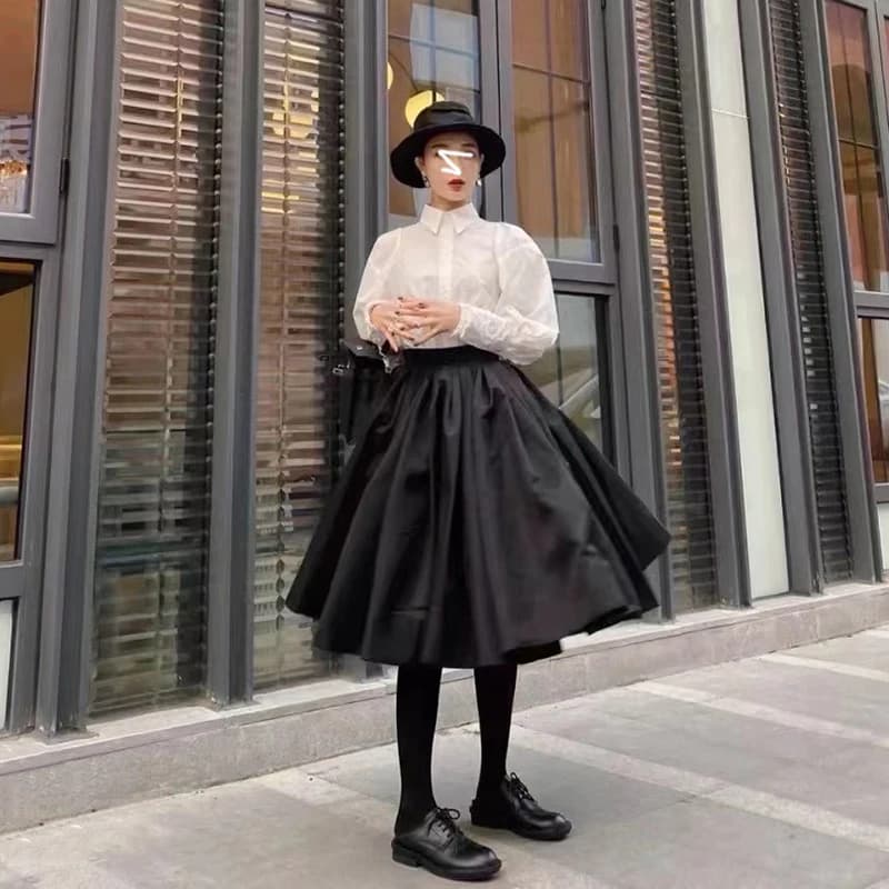 High Waist A-Line Midi Skirt Puffy Style Versatile Slimming Design Korean Commute Pure Color Spring Season Fashion Trend
