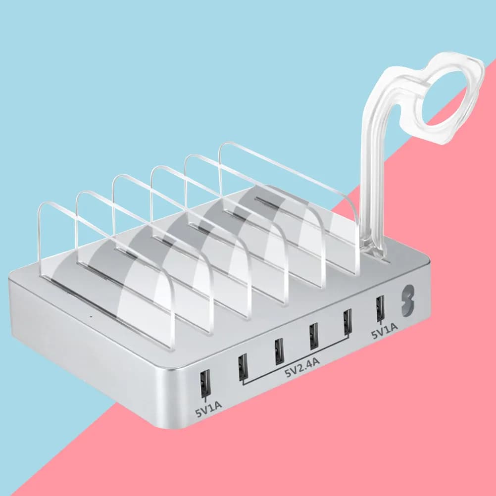 Stazione di Ricarica USB Multifunzione a 6 Porte con Supporto per Orologio Trasparente Rimovibile, Hub di Ricarica Rapida per Tablet e Smartphone