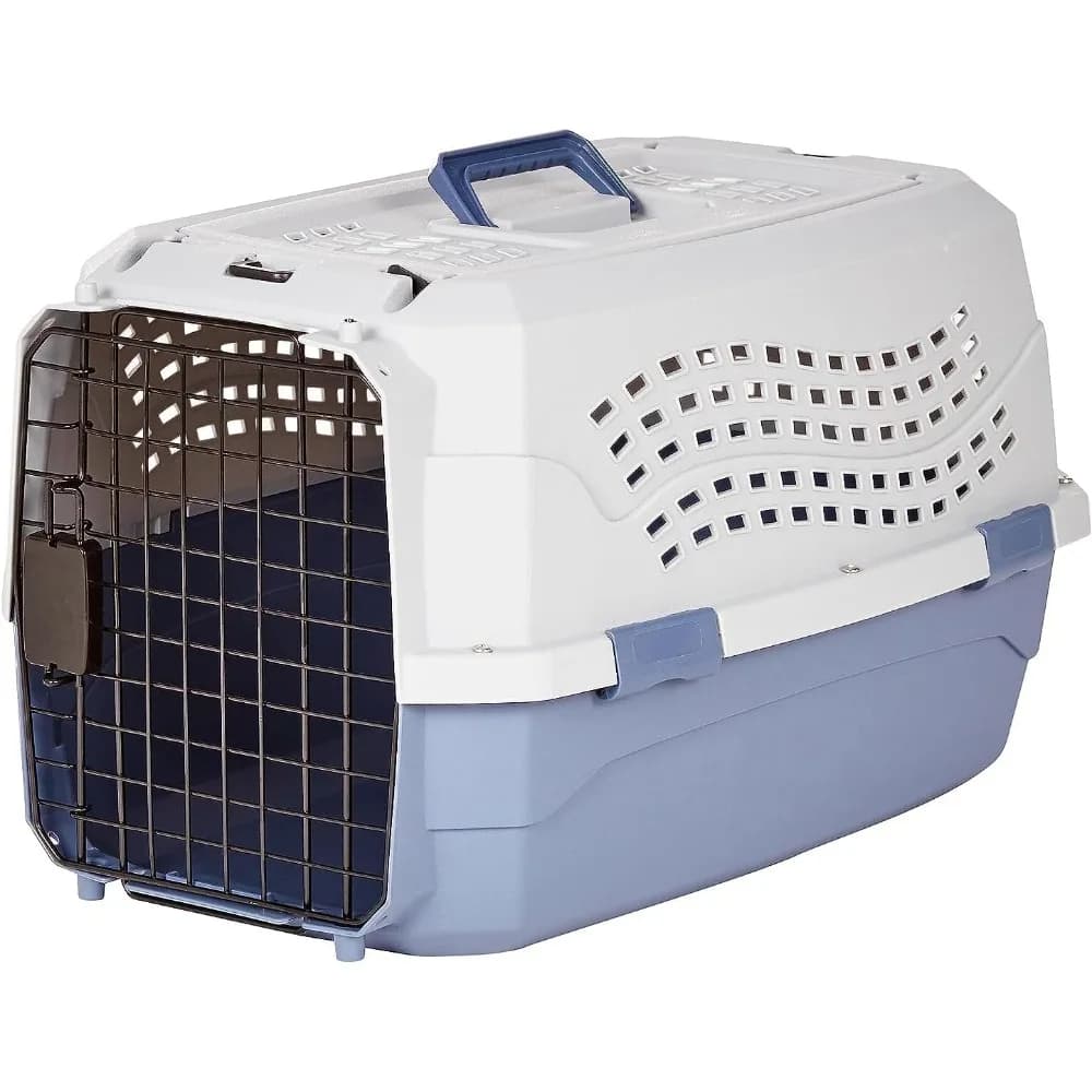 Trasportino per animali domestici a 2 porte con apertura superiore per cani e gatti, gabbia da viaggio rigida grigio-blu 22.8L x 15W x 13H