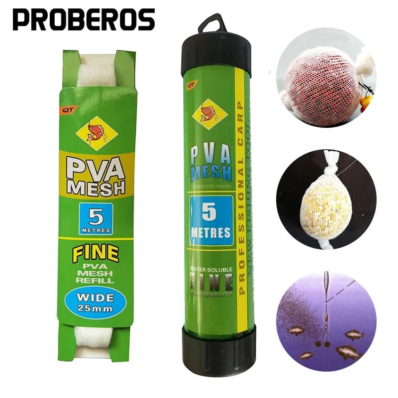 PROBEROS PVA Maglia da pesca 5M 25mm 37mm Rete da pesca stretta Maglia solubile in acqua Ricarica bianca Calza Borsa per esche Proteggi rete per pesci