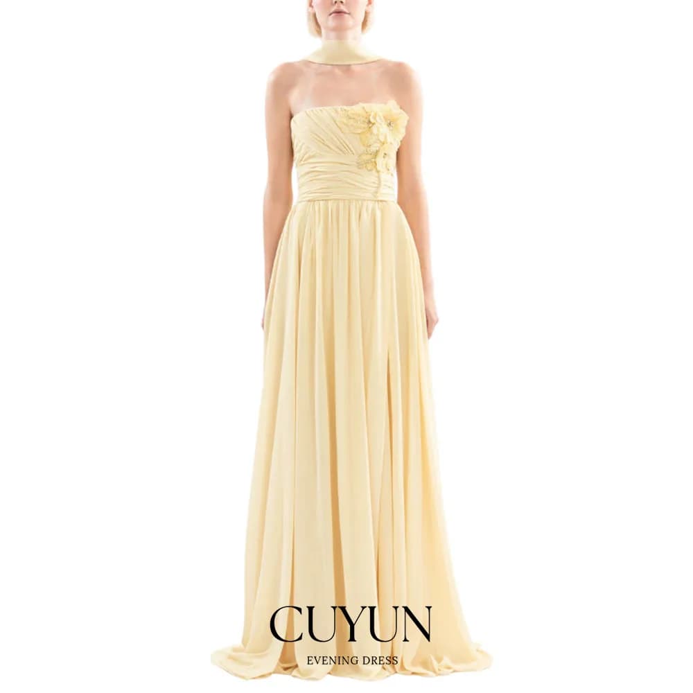 CUYUN Abiti da ballo lunghi in chiffon giallo Applicazioni floreali di lusso Abito da sera formale personalizzato con sciarpa Abiti da cerimonia per invitati