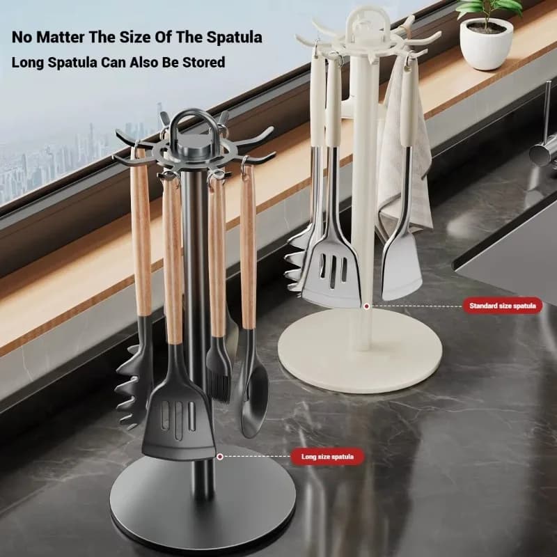 360° Rotating Kitchen Spatula and Utensil Rack - 8-Hook Movable Cooking Tool Storage Organizer for Countertop Space Saving