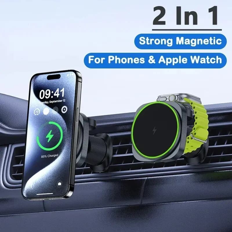 Magnetic 2 IN 1 Wireless Car Charger for iPhone 15 14 13 12 Pro Max Apple Watch 8 7 Phone Support Macsafe Car Support Fast Charging