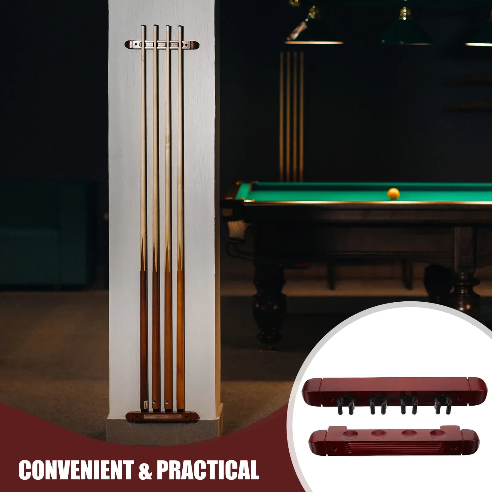 Set di 1 robusto supporto da parete in legno per stecche da biliardo, espositore multi-slot per stecche da pool, per la conservazione delle stecche e la decorazione della stanza
