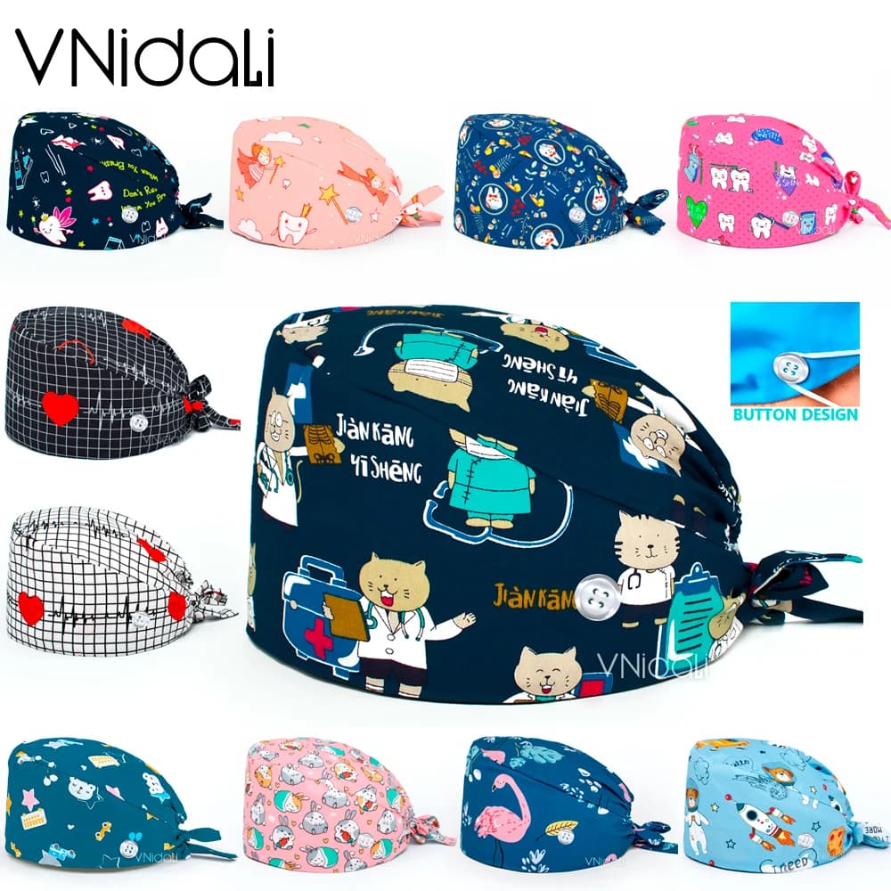 medici per animali domestici Stampa con bottoni Scrub Caps chirurgia Scrubs Cappello cappello chirurgico cappello da sala operatoria per donna e uomo berretto veterinario