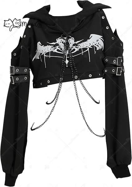 MEOWCOS felpe gotiche di Halloween per le donne Top corto gotico vestiti Punk felpa con cappuccio a catena a maniche lunghe Costume Cosplay