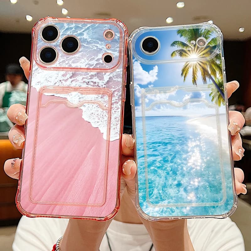 Card Pocket Clear TPU Phone Case For iPhone 17e 17 Pro Max 16 15 14 13 Pro Max 16e 11 Beach Seaside Printed Soft Silicone Cover