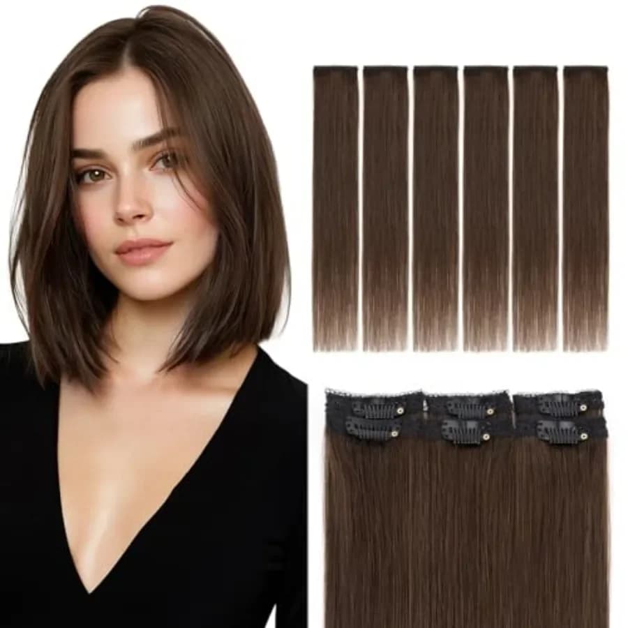 Short Clip in Hair Extensions Real Human Hair 6PCS Lace Weft Remy Hairpieces for Women Adding Volume 10 Inch Dark Brown