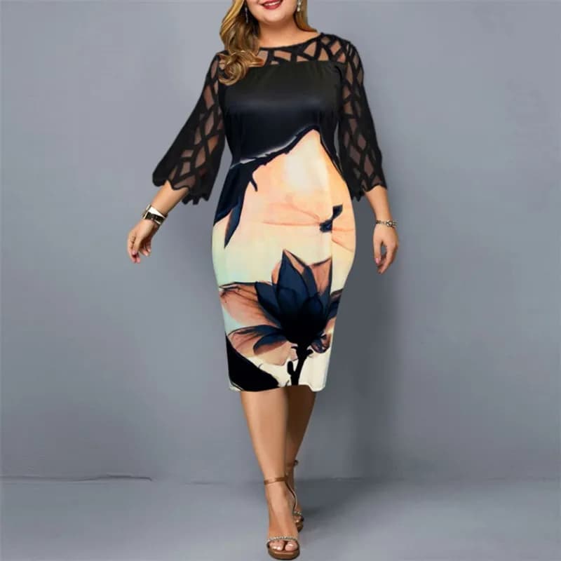 Large Size Lace Patchwork Dress Women's Fashion Spring Autumn Polyester Fiber Regular Sleeve mid Waist Basic Style Girls