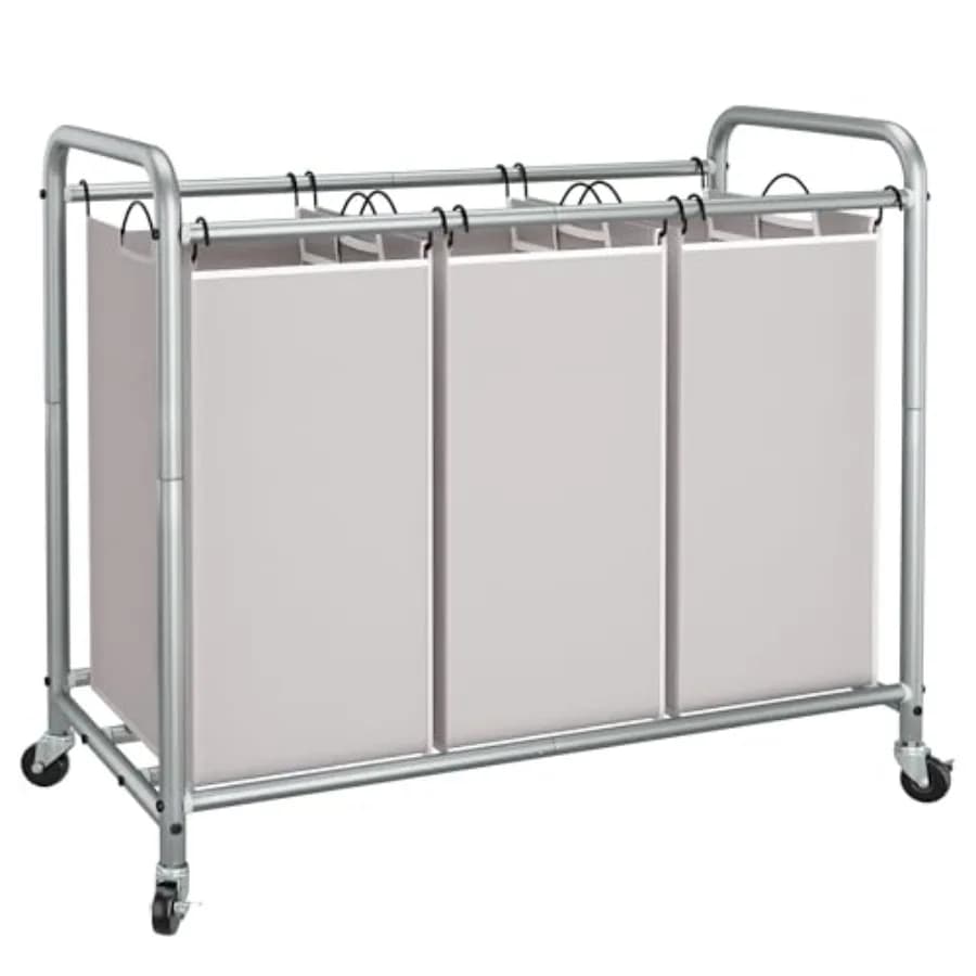 Carrello Portabiancheria a 3 Scomparti da 135 L (35,6 Galloni) con Ruote Bloccabili Resistenti e Sacchi Rimovibili per Vestiti