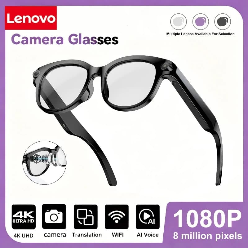 Occhiali Smart AI Lenovo con Fotocamera 800W, Foto e Video HD, Chiamate Vocali, Traduzione, Impermeabili, Bluetooth, per Moto 2026