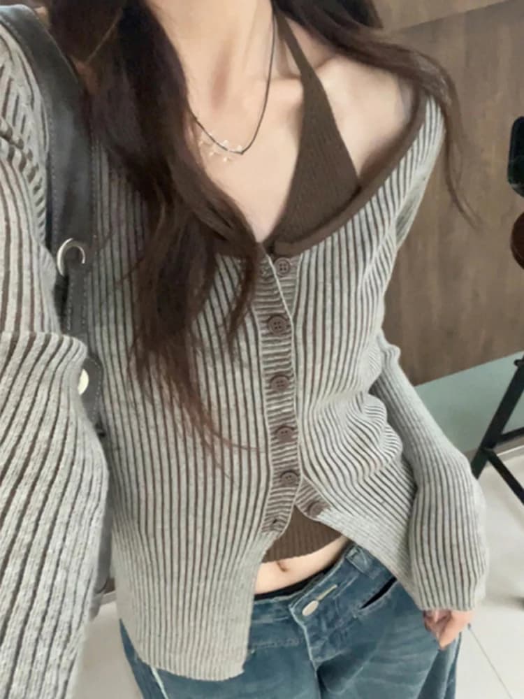 Women's V-Neck Knitted Cardigan Sleeveless Top Sweet Style Long Sleeve Slim Fit Pure Desire Beautiful Girl Spring Autumn Wear